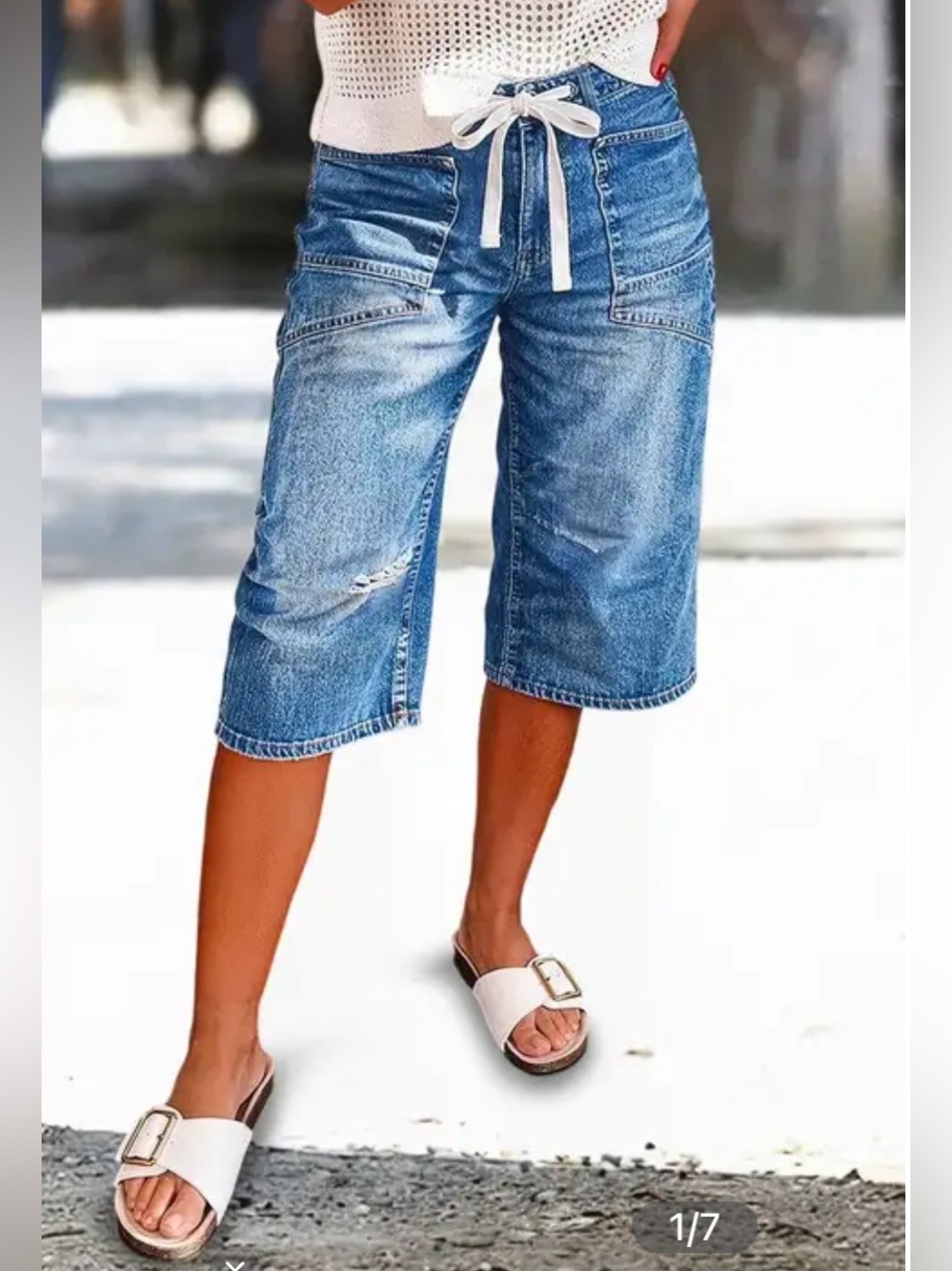 Flamingals Washed Distressed Drawstring Mid Rise Straight Leg Capri Jeans